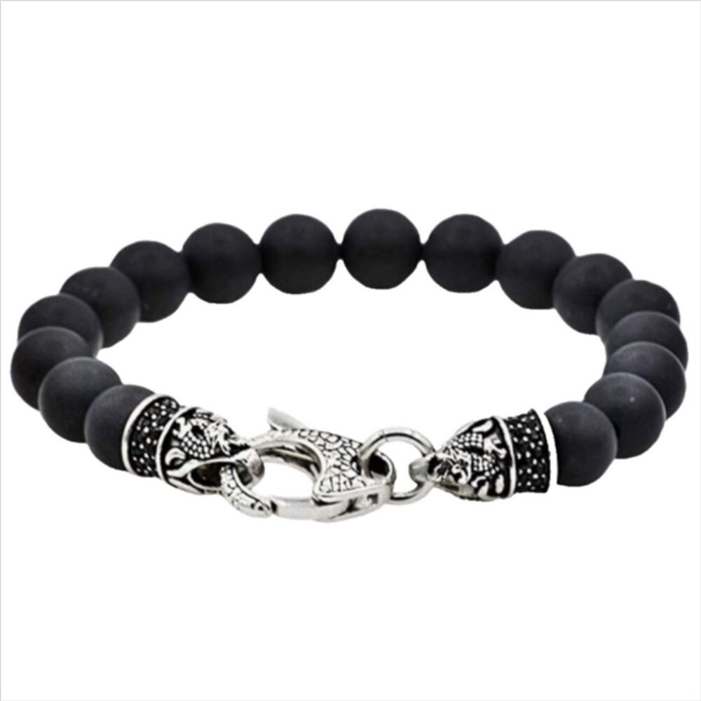 NWOT Blackjack Genuine Gemstone Stainless Steel Bead Bracelet Matte Black Onyx